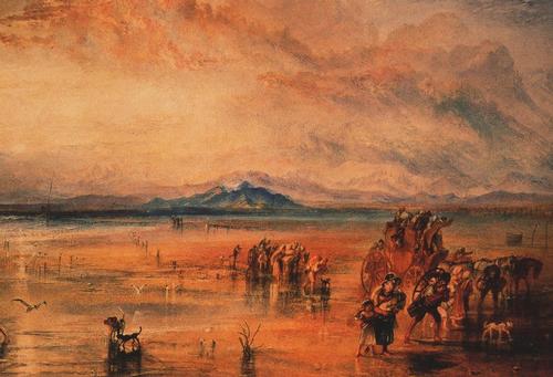 J.M.W. Turner. Lancaster Sands. Watercolor on paper. c. 1818. Birmingham Museum and Art Gallery. Turner's red-infused, dramatic skies in paintings of this period are thought to reflect the atmospheric changes of the Year Without a Summer.