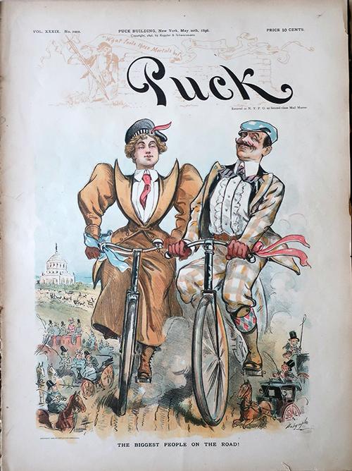 “The biggest people on the road!” <i>Puck</i> magazine cover from 1896, the height of the American bicycle craze.