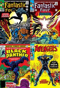 Black Panther comics collage: 1st appearance of Black Panther, Fantastic Four issues 52 and 53 by Jack Kirby and Stan Lee (1966); Black Panther #7 by Jack Kirby (1978); The Avengers #87 by Roy Thomas and Sal Buscema (1971)