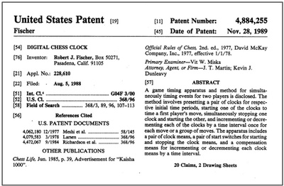 Bobby Fischer Chess Clock Patent