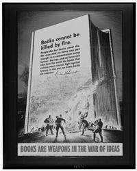 Poster showing Nazis burning books, with quotation by Franklin D. Roosevelt, 