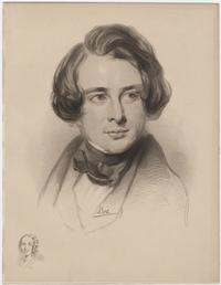 Portrait engraving of Charles Dickens by Edward Stodard, after a drawing by S. Laurence with a small portrait of Fanny Dickens, 1836.