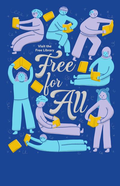 Free Library poster stating Free For ALL with purple and blue animated people holding yellow books