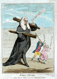 Colored caricature etching by James Gillray. “Judge Thumb, or, Patent Sticks for Family Correction: Warranted Lawful!” Pub. Nov. 27, 1782. by W. Humphrey, No. 227 Strand, London.