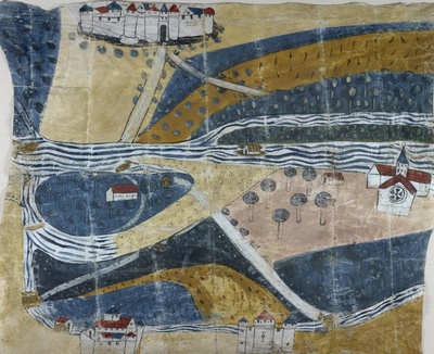 Manuscript map on parchment of a district in the southwestern department of Tarn-et-Garonne in France, depicting a river with bridges, mill, sandbanks, and ferry points along with buildings labeled by a contemporary hand. Probably made between 1460 and 1545. University of Pennsylvania LJS 310