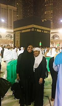 Shahadah and her mom at the Kaaba during their Umrah Journey.