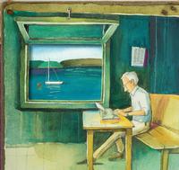 Illustration of E.B. White writing away at his typewriter, from the biography Some Writer: The Story of E. B. White!