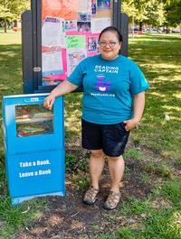 Erme C. Maula, Read by 4th Reading Captain, and the recycled newspaper-bin-turned-sidewalk-library installed in her neighborhood park.