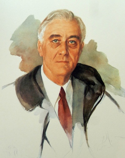 The famous unfinished portrait of US President Franklin D. Roosevelt, started by Elizabeth Shoumatoff on the day of his death.