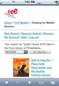 Free Library Mobile Catalog page