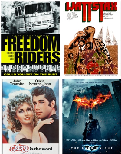 Freedom Riders (2010), Wattstax (1973), Grease (1978), and The Dark Knight (2008)