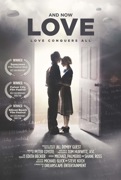 Official film poster for And Now Love featuring a man and woman in a doorway caressing