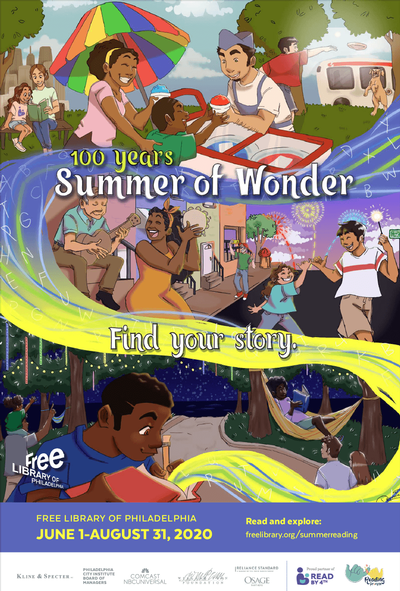 2020 Summer of Wonder poster featuring illustrated scenes of Philadelphia during summer